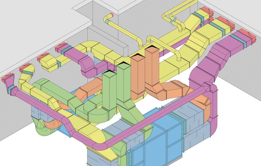 Die L&#252;ftungszentrale vereint technisches Know-How bei der Planung und qualitativ  hochwertige Ausf&#252;hrung. Die gemessene  externe Pressung der L&#252;ftungssysteme liegt unter 90 Pascal.